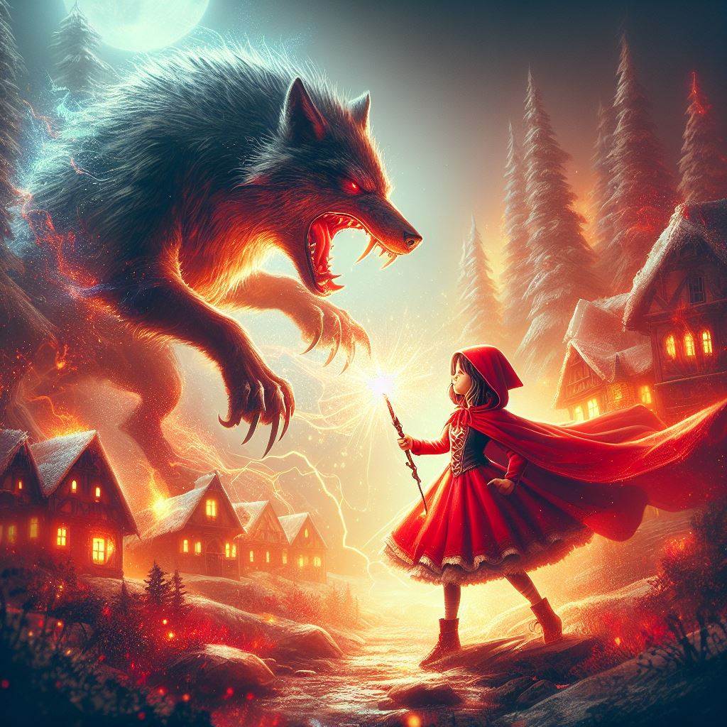 小紅帽手持魔杖，在村莊中迎戰大野狼