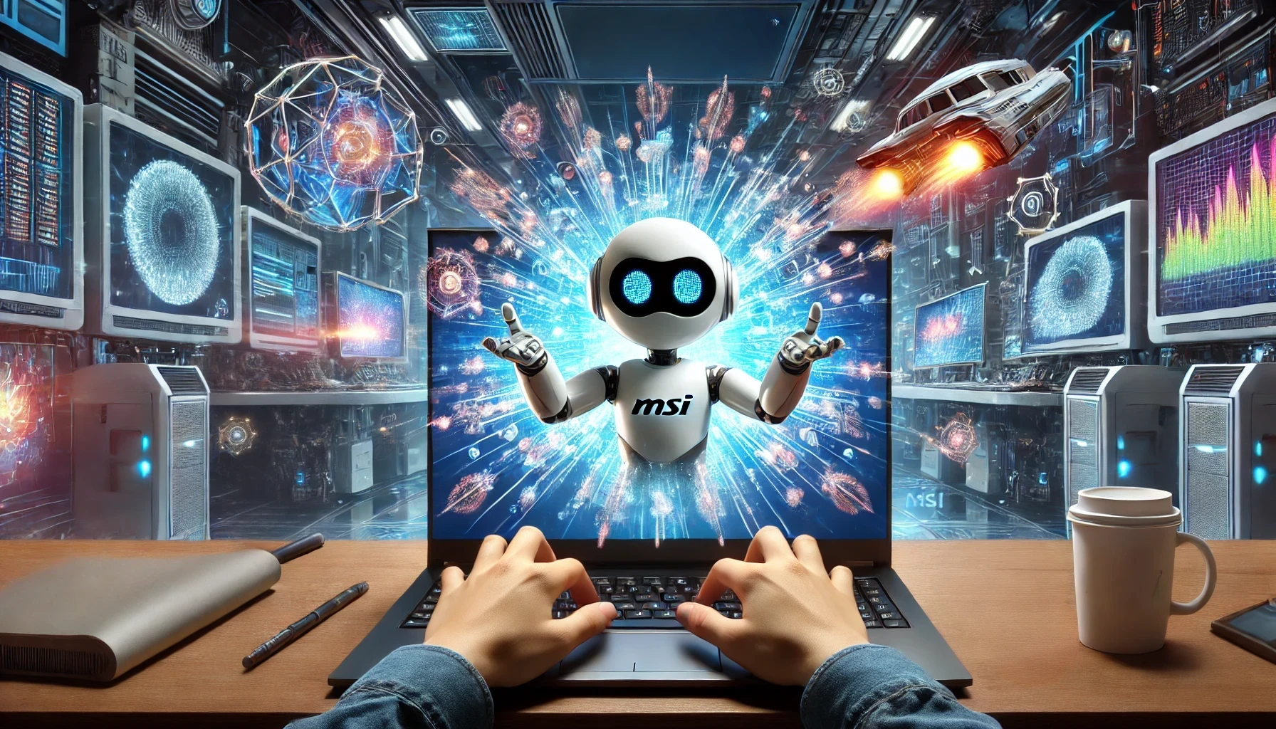 MSI 筆電螢幕中的 AI 機器人與藍色科技空間