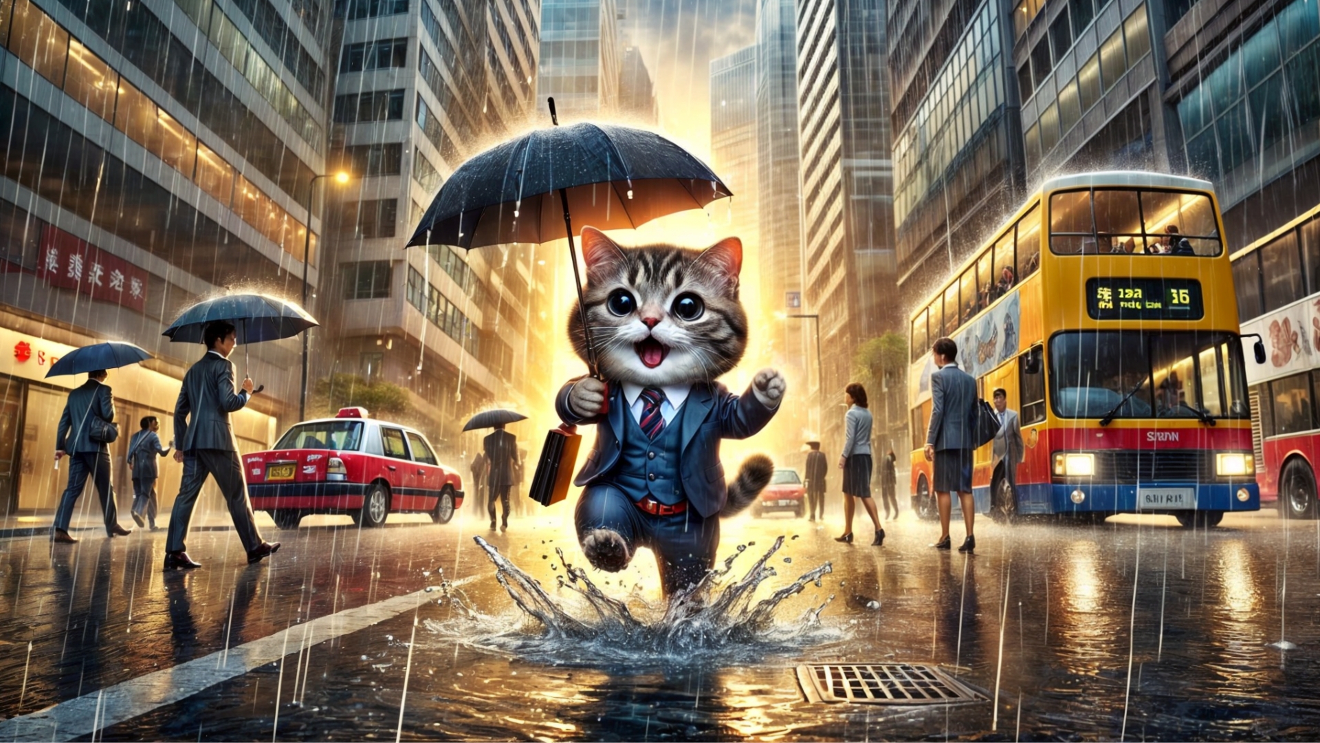 穿著西裝的小貓撐著雨傘，在城市街頭踩過水窪