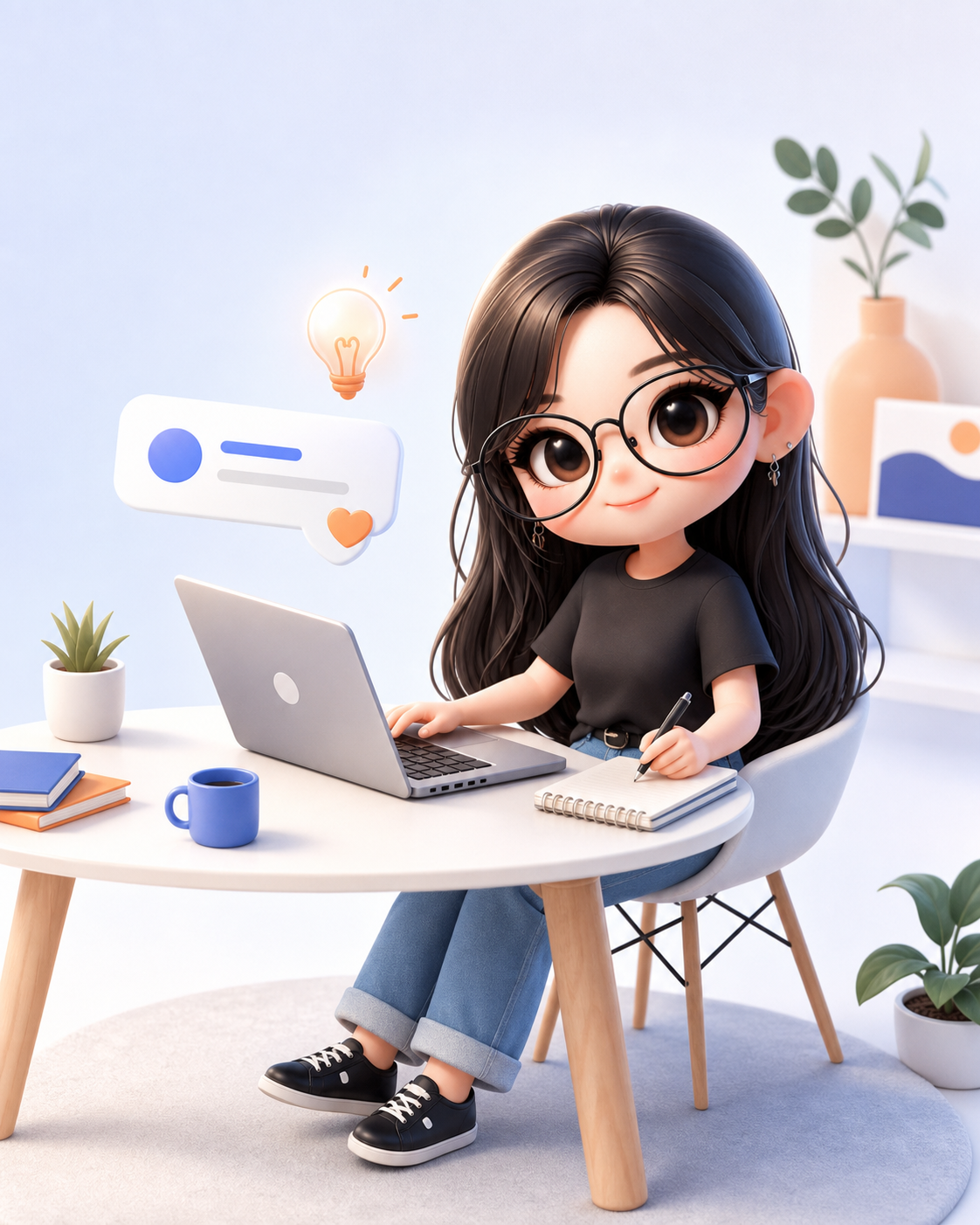 Sunny 在工作桌前使用筆電與筆記本，準備進行 AI 教學與網站合作